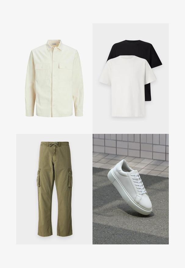 Világos bézs színű, hosszú ujjú ing, galléros nyakkal, két elülső zsebbel, gombos záródással és struktúrált anyaggal.; Pamut póló szett, amely egy fekete és egy fehér pólót tartalmaz, mindkettő rövid ujjú, környakú és normál fazonú. Texturált anyag.; Oliva zöld pamut keverék cargo nadrág, rugalmas derékkal és húzózsinórral, oldalsó cargo zsebekkel és egyenes láb kialakítással.; Fehér bőr sportcipő sima felülettel, kerek orral és lapos fehér fűzőkkel. Texturált gumitalppal és minimális dizájnelemekkel rendelkezik.