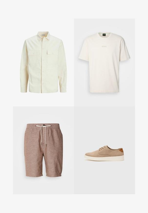 Cămașă lungă cu mâneci lungi de culoare bej deschis, cu guler, două buzunare frontale, închidere cu butoane și un material texturat.; BOSS TEE - Tricou basic - open white; Pantaloni scurti din in maro cu talie elastică, închidere cu șnur și margine răsucită. Prezintă o textură subtilă și elemente de design minime.; Tenisi din suede bej cu vârf rotund, sistem de șireturi în față și un accent texturat în spate. Talpa albă din cauciuc oferă un contrast. Design simplu și modern.