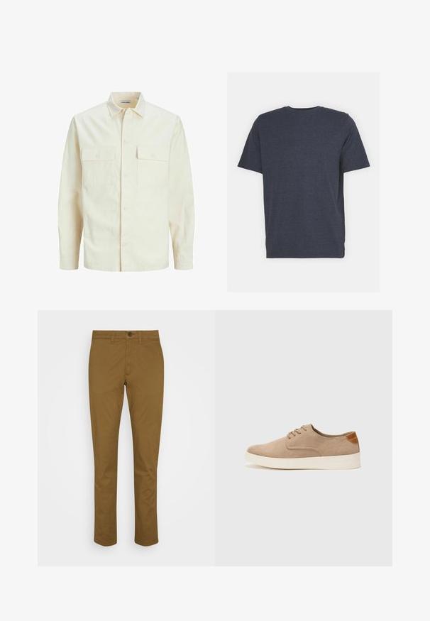 Chemise longue à manches longues beige clair avec un col, deux poches frontales, fermeture à boutons et un tissu texturé.; T-shirt bleu marine à col rond en tissu de coton mélangé doux, avec des manches courtes et une coupe régulière. Pas de motifs ni d'accents visibles.; Chinos marron en coton, avec une coupe droite, fermeture par bouton et poches à l'avant. Texture lisse avec un detailing minimal.; Baskets en daim beige avec un embout arrondi, un laçage sur le devant et un accent texturé à l'arrière. La semelle en caoutchouc blanche offre un contraste. Design simple et moderne.