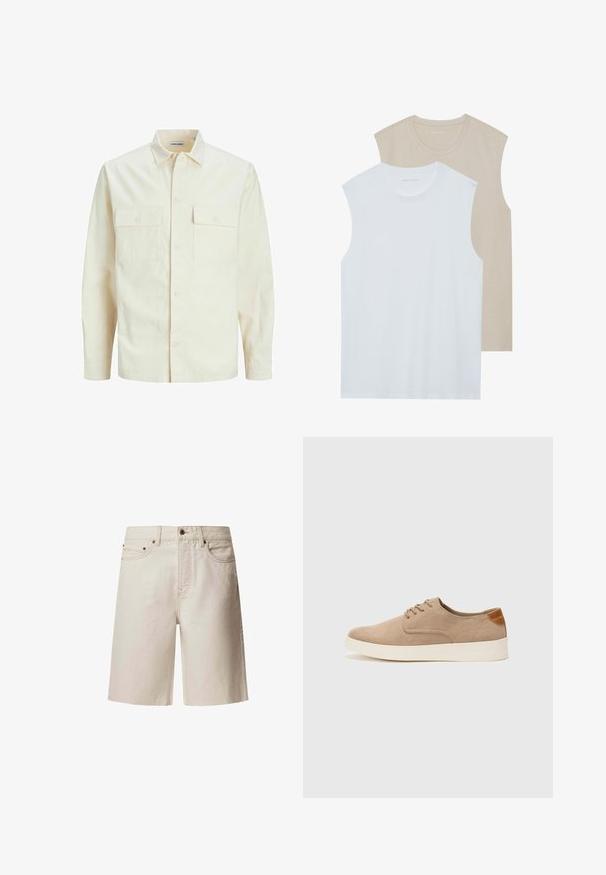Šviesiai smėlio spalvos ilgomis rankovėmis marškiniai su apykakle, dviem priekinėmis kišenėmis, mygtukų uždarymu ir tekstūruota medžiaga.; Du švarko be rankovių: vienas baltas, kitas šviesiai smėlinis. Abu turi apvalius iškirpimus ir pagaminti iš minkštos, lygios medžiagos su laisvu siluetu.; Šviesiai rudos džinsinio audinio šortai su tiesiu kirpimu, penkios kišenės, viršutinis mygtukas ir diržo kilpos. Lygus paviršius su subtiliais siuvinėjimo elementais.; Bežiniai zomšiniai sportbačiai su apvaliomis pirštų dalimis, raišteliais priekyje ir tekstūruotu užkulniu. Balta guma suteikia kontrastą. Paprastas ir modernus dizainas.