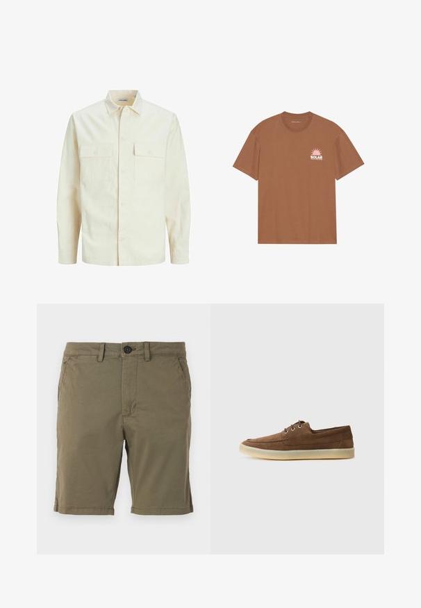 Gai bēšs garām piedurknēm krekls ar apkakles izgriezumu, divām priekšējām kabatām, pogu aizdari un teksturētu audumu.; Brūna īsām piedurknēm T-krekls, kas izgatavots no kokvilnas, ar rozā saules grafiku un tekstu "SOLAR" uz kreisā krūšu daļas. Ar apaļu kakla izgriezumu.; Olīvzaļie šorti, izgatavoti no kokvilnas auduma maisījuma, ar pogu aizdari, priekšējām kabatām un apakšmalu ar smalkiem dūriem.; Brūni zamša apavi ar zemu profilu, auklētu dizainu, gumijas zoli un kontrastējošiem šuvumiem. Vienkāršs un funkcionāls stils.