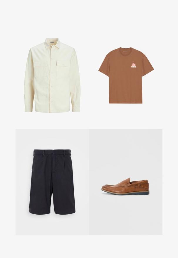Šviesiai smėlio spalvos ilgomis rankovėmis marškiniai su apykakle, dviem priekinėmis kišenėmis, mygtukų uždarymu ir tekstūruota medžiaga.; Rudas trumpas rankovėmis marškinėliai, pagaminti iš medvilnės, su rožiniu saulės grafinu ir užrašu "SOLAR" kairėje krūtinės pusėje. Apvalaus iškirpimo fasonas.; Tamsiai mėlyni medvilniniai šortai su plokščiu priekiu, dirželių kilpomis, šoninėmis kišenėmis ir laisvu pritaikymas, pasižymintys lygiu paviršiumi ir tvarkingu dizainu.; Rudoni odiniai loaf'eriai su apvalia nosimi, siuvinėtomis detalėmis ir žema guminėmis pakulne. Dizainas turi juostą per viršutinę dalį.