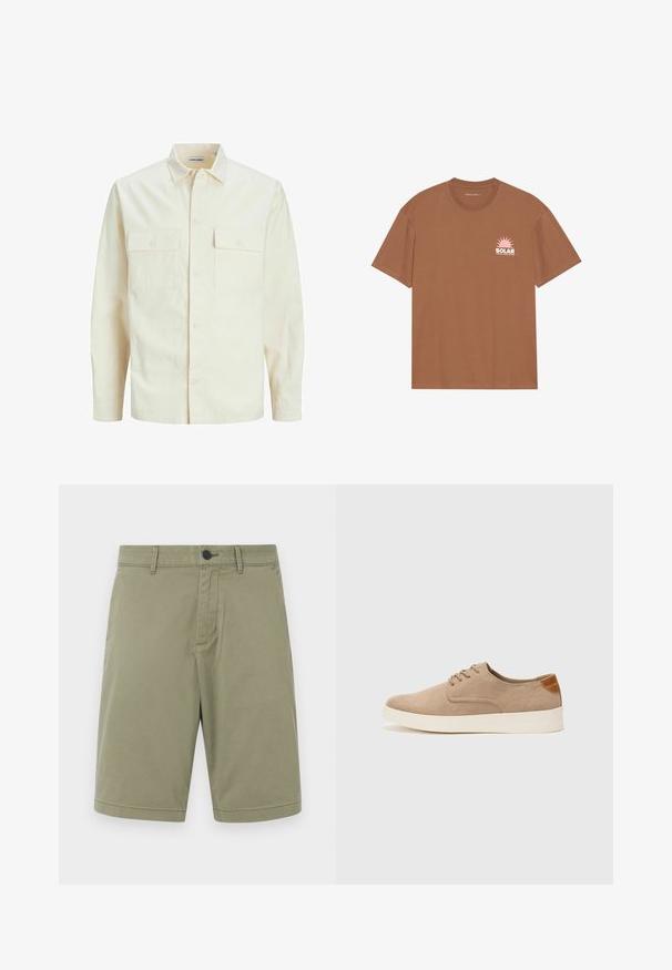 Ljusbeige långärmad skjorta med krage, två framfickor, knäppning och en texturerad tyg.; Brun t-shirt med kort ärm i bomull, med en rosa solgrafik och "SOLAR"-text på vänster bröst. Rundhalsad design.; Khaki shorts i bomull, med bältest loops, en framknapp och en slät frontdesign med en ren finish och utan fickor.; Beige mockasinsneakers med rund tå, snörning fram och texturerad bakaxel. Vit gummisula ger kontrast. Enkelt och modernt design.