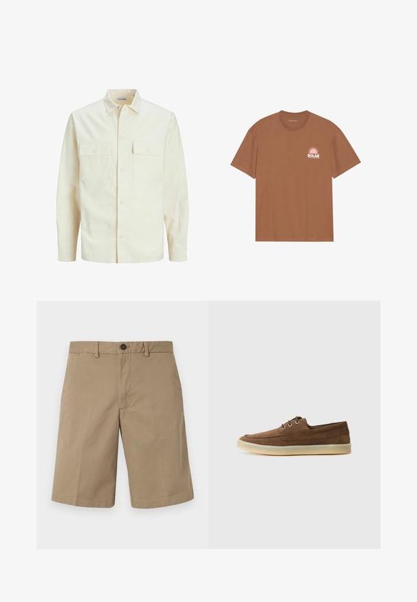 Világos bézs színű, hosszú ujjú ing, galléros nyakkal, két elülső zsebbel, gombos záródással és struktúrált anyaggal.; Barna, rövid ujjú pamut póló, pink napgrafikával és "SOLAR" felirattal a bal mellen. Kerek nyakú dizájn.; Barna pamut rövidnadrág, egyenes szabással, két elülső zsebbel és gombos záródással. Sima textúra minimalista dizájnnal.; Barna velúr cipők alacsony profillal, fűzős kialakítással, gumitalppal és kontrasztos varrási részletekkel. Egyszerű és funkcionális stílus.
