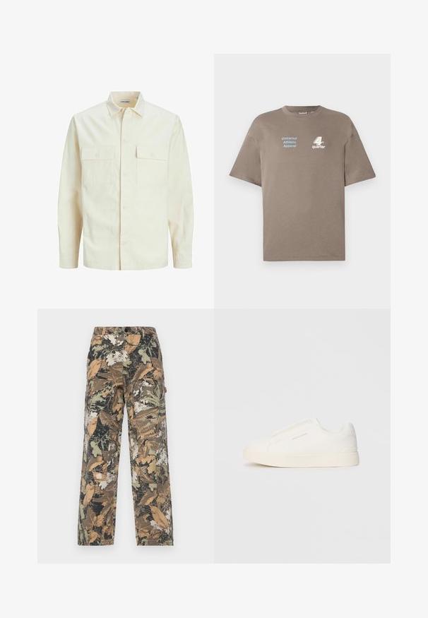 Lichtbeige langemouwen shirt met een kraaghalslijn, twee voorzakken, knoopsluiting en een gestructureerde stof.; Bruine katoenen t-shirt met een ronde hals. Voorzien van blauwe tekst "Universal Athletic Apparel" en een wit "4th quarter" logo aan de voorkant. Korte mouwen.; Only & Sons ONSFADE CARPENTER LOOSE PANT - Broek - bungee cord; Witte instap sneakers met een gestructureerd oppervlak, een dikke zool en een minimalistisch ontwerp. Bevat het merklogo aan de zijkant.