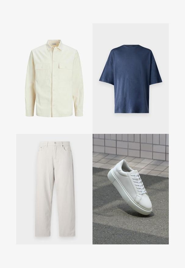 Lys beige langærmet skjorte med krave, to forlommer, knaplukning og et tekstureret stof.; Marineblå kortærmet T-shirt, lavet af blødt stof, har en klassisk rund hals og løs pasform, uden synlige mønstre eller accenter.; Lys beige højtaljede jeans i lige ben-design. Lavet af tykt bomuldsstof med fremtrædende forlommer og en enkelt metalknap.; Hvide lædersneakers med en glat overflade, rund tå og flade hvide snørebånd. Har en tekstureret gummisål og minimalt design.