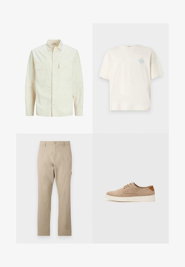 Lys beige langærmet skjorte med krave, to forlommer, knaplukning og et tekstureret stof.; Creme kortærmet t-shirt lavet af bomuld, med et lysblåt broderet design på venstre bryst. Klassisk crew-neck, afslappet pasform.; Beige bomuldsbukser i lige pasform med frontknaplukning og diskrete syninger. Glat tekstur, uden mønstre.; Beige ruskinds sneakers med rund tå, snørebånd foran og en struktureret rygdetalje. Hvid gummisål giver kontrast. Enkel og moderne design.