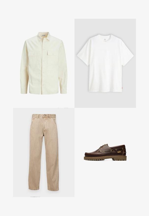 Šviesiai smėlio spalvos ilgomis rankovėmis marškiniai su apykakle, dviem priekinėmis kišenėmis, mygtukų uždarymu ir tekstūruota medžiaga.; Baltas trumpas rankovės marškinėlis, pagamintas iš medvilnės, su apvalia iškirpte. Priekyje yra subtilus iškilus logotipas ir raudonas etiketas ant apačios.; Smėlio spalvos džinsai su tiesia kojų siluetu, turintys priekinę kišenę, metalinį mygtuką ir subtilią tekstūrą.; Rudas odinis laivų batelis su raišteliais, siuvinėtais detalėmis ir storu guminėmis padais, matomas iš šono.
