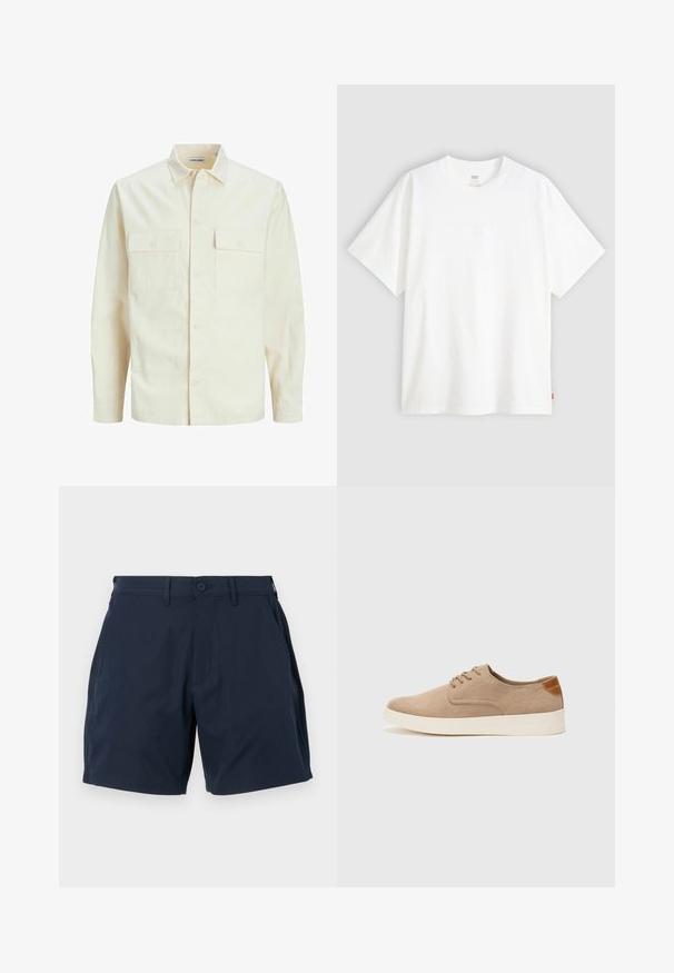 Camicia beige chiaro a maniche lunghe con colletto, due tasche frontali, chiusura a bottoni e un tessuto texturizzato.; T-shirt bianco a maniche corte in cotone con collo rotondo. Presenta un discreto dettaglio logo in rilievo sulla parte frontale e un'etichetta rossa sull'orlo.; Pantaloni corti blu navy realizzati in tessuto leggero e liscio. Presentano una chiusura con bottone, tasche laterali e un design sartoriale con taglio dritto.; Sneaker in suede beige con punta arrotondata, stringhe davanti e un accento testurizzato sul retro. La suola in gomma bianca offre un contrasto. Design semplice e moderno.