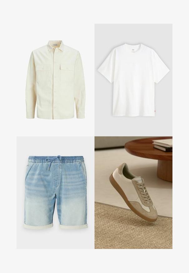 Gai bēšs garām piedurknēm krekls ar apkakles izgriezumu, divām priekšējām kabatām, pogu aizdari un teksturētu audumu.; Balta īslaicīga T-krekla ar īsām piedurknēm, kas izgatavots no kokvilnas, ar apaļu kakla izgriezumu. Priekšpusē ir smalks reljefs ar logotipu un sarkans birka apakšmalā.; Gaišo zilu džinsu šortus ar elastīgu jostasvietu, aukliņu aizdari, sānu kabatām un atlocītiem malu akcentiem. Gluda tekstūra.; Vieglie sporta apavi ar baltu ādas virsu, beige zamša akcentiem, apaļu pirkstu un strukturētu brūnu gumijas zoli.