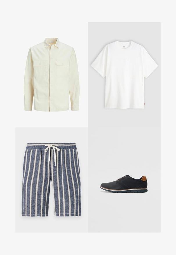 Vaaleanbeige pitkähihaisen paidan, jossa on kaulukset, kaksi etutaskua, nappikiinnitys ja tekstiilissä on tekstuuria.; Valkoinen lyhythihainen t-paita, joka on valmistettu puuvillasta ja jossa on pyöreä pääntie. Etupuolella on hienovarainen kohokuvioitu logo ja helmassa punainen etiketti.; Lyhyet tummansiniset teksturoidut housut, joissa on valkoiset pystysuorat raidat, joustava vyötärö ja nauhakuvaus. rento muotoilu sopii lämpimään säähän.; Mustat synteettiset kengät, joissa on teksturoitu päällinen, sileät yksityiskohdat, ruskea kanta ja erottuva pohja. Ominaisuuksina minimaalinen nauhoitus ja ompeluyksityiskohdat.