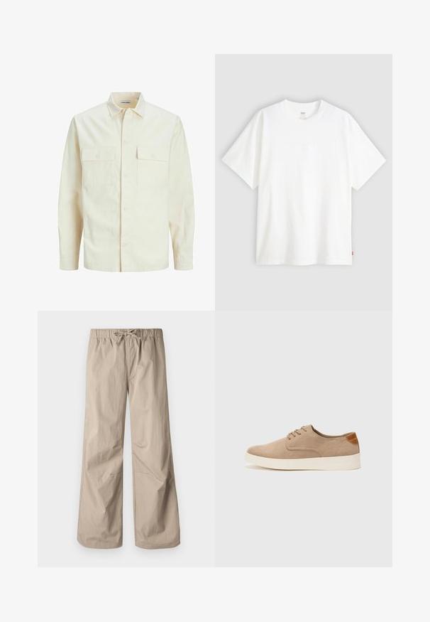 Svetlo béžová košeľa s dlhým rukávom, s golierom, dvoma prednými vreckami, zapínaním na gombíky a textúrovanou látkou.; Biela tričko s krátkym rukávom vyrobené z bavlny s klasickým výstrihom. Má jemne embosované logo na prednej strane a červenú etiketu na leme.; Béžové široké nohavice s elastickým pásom a šnúrkou. Hladký povrch, dve bočné vrecká a minimálne švy pre uvoľnený strih.; Béžové semišové tenisky s okrúhlou špičkou, šnurovaním vpredu a textúrovaným zadným akcentom. Biela gumová podrážka poskytuje kontrast. Jednoduchý a moderný dizajn.