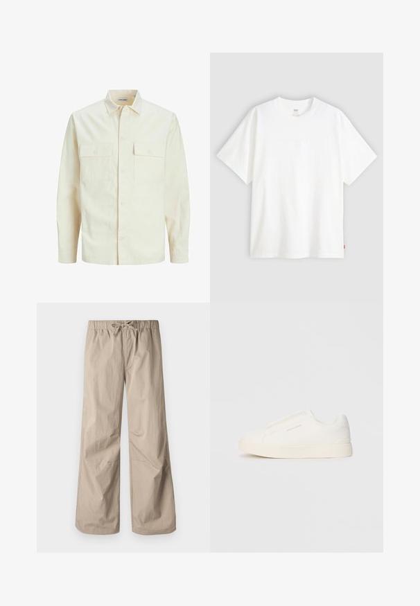 Světle béžová košile s dlouhým rukávem, límečkem, dvěma předními kapsami, zapínáním na knoflíky a strukturovanou tkaninou.; Bílý krátký rukáv tričko vyrobené z bavlny s kulatým výstřihem. Na přední straně se nachází decentní embosované logo a červená cedulka na lemu.; Béžové kalhoty širokého střihu s elastickým pasem a stahovací šňůrkou. Hladký materiál, dvě boční kapsy a minimální švy pro uvolněný fit.; Bílé slip-on tenisky s texturovaným povrchem, silnou podešví a minimalistickým designem. Na boku je umístěno logo značky.