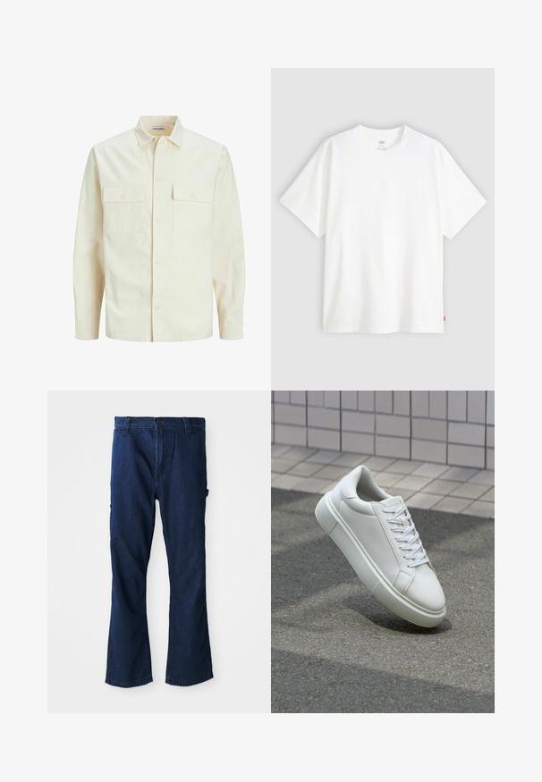 Jasno beżowa koszula z długim rękawem, z kołnierzykiem, dwoma kieszeniami z przodu, zapięciem na guziki i teksturowanym materiałem.; Biała koszulka z krótkim rękawem wykonana z bawełny, z okrągłym dekoltem. Posiada subtelny wytłoczony logo z przodu oraz czerwoną metkę na dolnym brzegu.; Niebieskie dżinsowe spodnie z prostą nogawką, z zapięciem na guzik oraz dwiema bocznymi kieszeniami o delikatnym wyblaknięciu.; Białe skórzane trampki z gładką powierzchnią, okrągłym noskiem i płaskimi białymi sznurowadłami. Posiadają teksturowaną gumową podeszwę oraz minimalistyczne elementy projektowe.