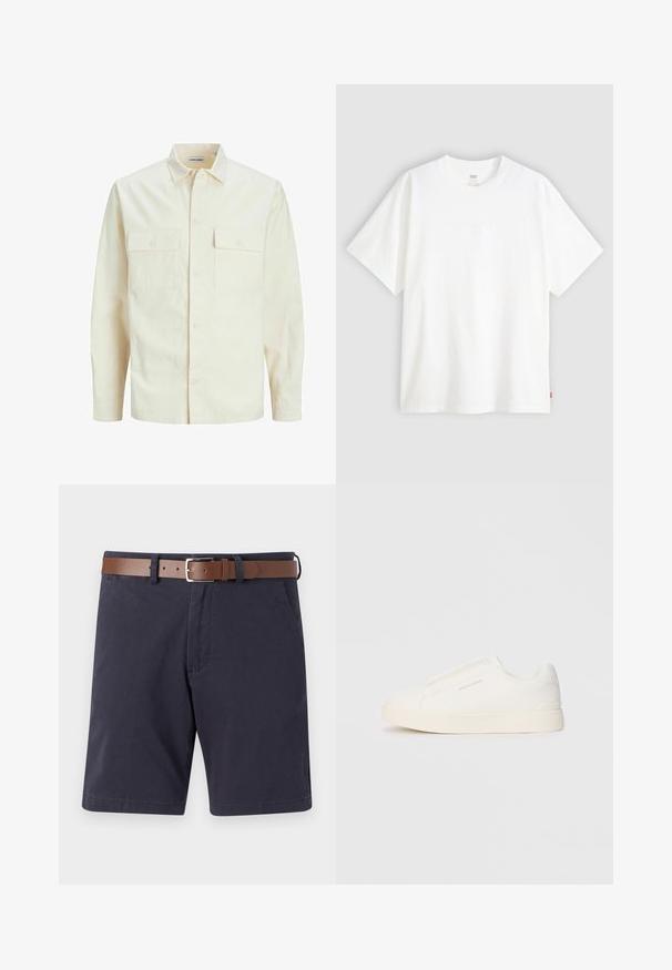 Svetlo bež srajca z dolgimi rokavi, ovratnim izrezom, dvema sprednjima žepoma, zapenjanjem na gumbe in teksturirano tkanino.; Bela kratka majica s kratkimi rokavi iz bombaža s krožnim izrezom. Ima diskretno embosirano logotipno podrobnost spredaj in rdečo etiketo na robu.; Mornarsko modri šortsi iz bombaža z rjavim usnjenim pasom. Imajo dva sprednja žepa, raven kroj in gladko teksturo.; Bele zapete brez vezalk z teksturirano površino, debelim podplatom in minimalističnim dizajnom. Na strani se nahaja logotip blagovne znamke.