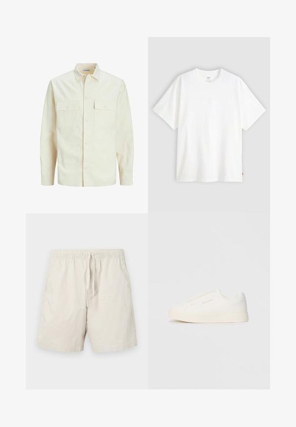 Hellbeige Langarmhemd mit klassischem Kragen, zwei Fronttaschen, Knopfverschluss und strukturiertem Stoff.; Weißes T-Shirt mit kurzen Ärmeln aus Baumwolle und rundem Halsausschnitt. Besitzt ein dezentes, geprägtes Logo-Detail auf der Vorderseite und ein rotes Etikett am Saum.; Beige Baumwollshorts mit einem elastischen Bund, verstellbarem Kordelzug und seitlichen Taschen. Sie verfügen über eine glatte, leichte Textur.; Weiße Slip-On-Sneaker mit einer strukturierten Oberfläche, dicker Sohle und minimalistischem Design. Mit Logo der Marke an der Seite.