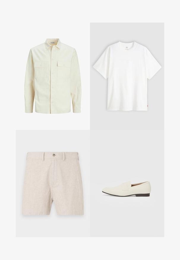 Világos bézs színű, hosszú ujjú ing, galléros nyakkal, két elülső zsebbel, gombos záródással és struktúrált anyaggal.; Fehér, rövid ujjú pamut póló, kerek nyakkivágással. Az elülső részen finom, domború logós részlet található, valamint egy piros cimke az alsó szegélyen.; Világos bézs vászon rövidnadrág, gombos záródással és klasszikus szabással, finom textúrával. A dizájnban látható zsebek nincsenek.; Világos bézs loaferek hegyes orral, sima anyagból, a lábfejen lévő pánttal és alacsony barna talppal. Egyszerű dizájn, minimális díszítéssel.