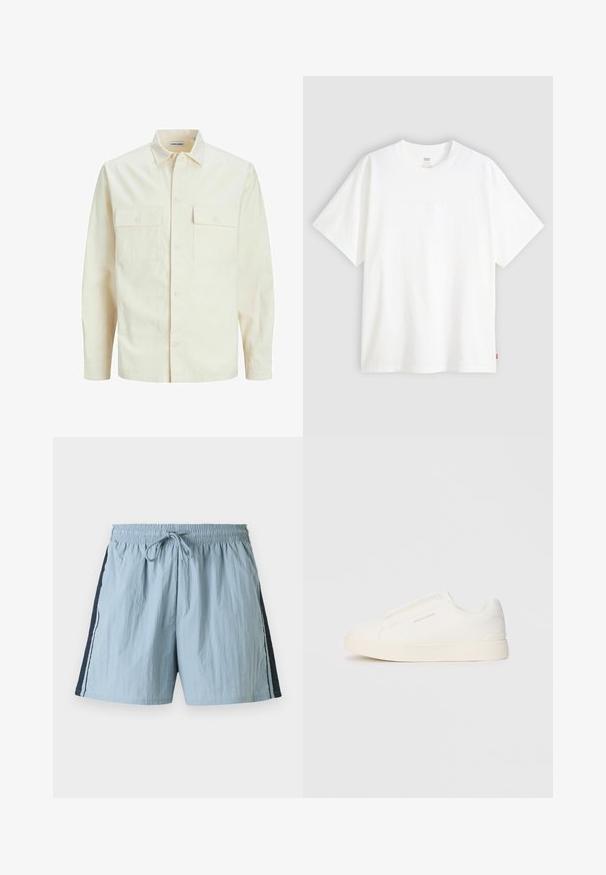 Lys beige langærmet skjorte med krave, to forlommer, knaplukning og et tekstureret stof.; Hvid kortærmet t-shirt i bomuld med rund hals. Har diskret præget logo-detalje på forsiden og et rødt mærke i kanten.; Lyseblå svømmedragt med elastisk talje og snor. Har marineblå sidepaneler og hvide kanter langs siderne. Letvægtsstof.; Hvide slip-on sneakers med en struktureret overflade, en tyk sål og et minimalistisk design. Har brandlogoet på siden.