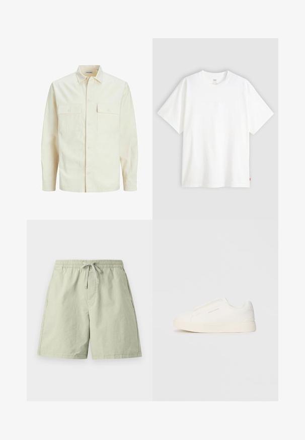 Cămașă lungă cu mâneci lungi de culoare bej deschis, cu guler, două buzunare frontale, închidere cu butoane și un material texturat.; Tricou alb cu mânecă scurtă, confecționat din bumbac, cu gât rotund. Prezintă un detaliu logo subtil embosat pe față și un etichetă roșie la tiv.; Pantaloni scurți din bumbac de culoare verde deschis, cu talie elastică și șnur, având buzunare laterale și o croială lejeră. Textură netedă, design până la genunchi.; Tenisi albi slip-on cu o suprafață texturată, talpă groasă și un design minimalist. Prezintă logo-ul brandului pe lateral.