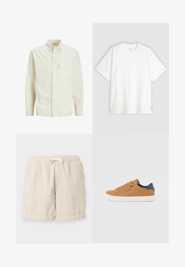 Svetlo bež srajca z dolgimi rokavi, ovratnim izrezom, dvema sprednjima žepoma, zapenjanjem na gumbe in teksturirano tkanino.; Bela kratka majica s kratkimi rokavi iz bombaža s krožnim izrezom. Ima diskretno embosirano logotipno podrobnost spredaj in rdečo etiketo na robu.; Bež kordurojske kratke hlače z elastičnim pasom in vrvico, opremljene s stranskimi žepi in teksturiranim, rebrastim vzorcem.; Rjavi usnjeni športni copati z belim gumijastim podplatom, okrašenimi s krožnimi vezalkami, modrim poudarjenjem in gladko teksturo. Preprost, nizkoprofilen dizajn.