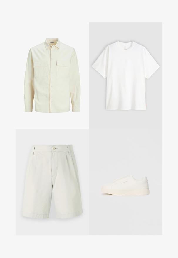 Jasno beżowa koszula z długim rękawem, z kołnierzykiem, dwoma kieszeniami z przodu, zapięciem na guziki i teksturowanym materiałem.; Biała koszulka z krótkim rękawem wykonana z bawełny, z okrągłym dekoltem. Posiada subtelny wytłoczony logo z przodu oraz czerwoną metkę na dolnym brzegu.; Jasnoszare bawełniane szorty z płaskim przodem, zapięciem na guzik, dwoma bocznymi kieszeniami oraz prostym krojem nogawek. Gładka tekstura, do kolan.; Białe sneakersy wsuwane z teksturowanej powierzchni, grubą podeszwą i minimalistycznym designem. Zawierają logo marki z boku.