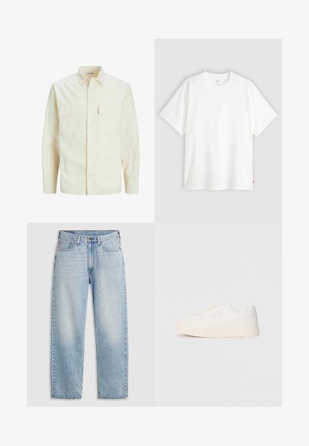 Chemise longue à manches longues beige clair avec un col, deux poches frontales, fermeture à boutons et un tissu texturé.; T-shirt blanc à manches courtes en coton avec col rond. Présente un détail de logo en relief discret à l'avant et une étiquette rouge à l'ourlet.; Jean droit bleu clair avec cinq poches, fermeture à bouton en métal et un délavage au niveau des cuisses et des genoux, posé à plat sur un fond blanc.; Baskets blanches sans lacets avec une surface texturée, une semelle épaisse et un design minimaliste. Présente le logo de la marque sur le côté.