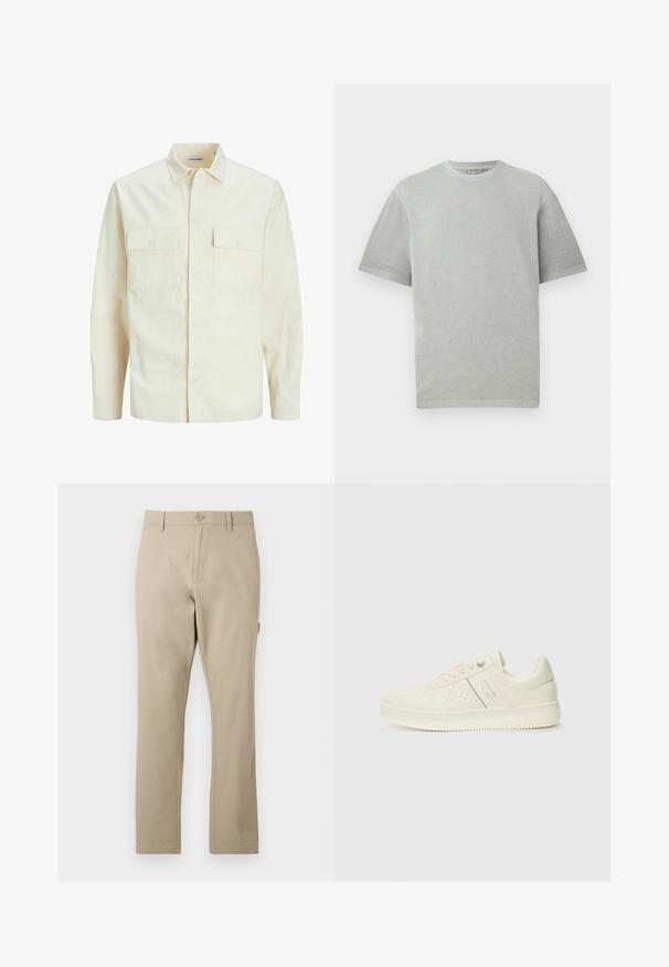 Svijetlo bež košulja dugih rukava s ovratnikom, dva prednja džepa, zatvaranje na dugmad i teksturirani materijal.; Svijetlosivi majica s kratkim rukavima i okruglim izrezom, prikazana na jednobojnoj bijeloj pozadini.; Bež pamuk hlače ravnog kroja, sa prednjim zatvaranjem na gumb i suptilnim detaljima šivanja. Glatka tekstura, bez uzoraka.; Kremasto bijele tenisice s perforiranim detaljima, vezicama i logotipom s bočne strane, prikazane na jednostavnoj bijeloj pozadini.
