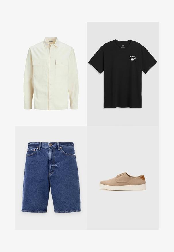 Svetlo béžová košeľa s dlhým rukávom, s golierom, dvoma prednými vreckami, zapínaním na gombíky a textúrovanou látkou.; Čierne bavlnené tričko s potlačou na hrudi, ktorá znie "DOMÁCE RASTLINY" v bielej štýlovej typografii s "Levi's" nižšie. Klasický strih s okrúhlym výstrihom.; Džínové šortky v tmavomodrej farbe s klasickým strihom, s gombíkovým zapínaním, piatimi vreckami a kontrastným oranžovým prešívaním.; Béžové semišové tenisky s okrúhlou špičkou, šnurovaním vpredu a textúrovaným zadným akcentom. Biela gumová podrážka poskytuje kontrast. Jednoduchý a moderný dizajn.