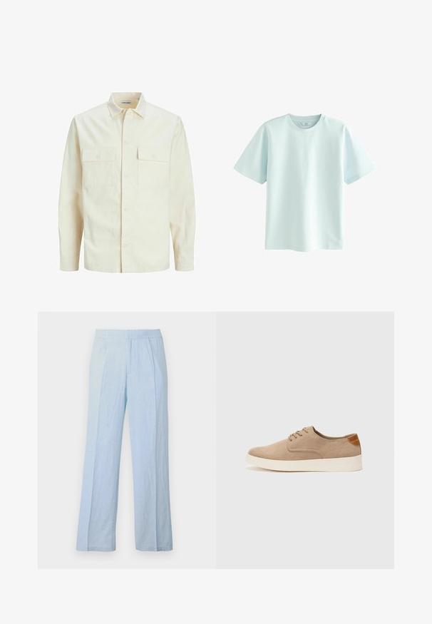 Svijetlo bež košulja dugih rukava s ovratnikom, dva prednja džepa, zatvaranje na dugmad i teksturirani materijal.; Svijetloplava pamučna majica s kratkim rukavima, okruglim izrezom i glatkom teksturom. Minimalistički dizajn, bez vidljivih uzoraka ili naglasaka.; Svijetloplave hlače širokih nogavica od mekog materijala s rebrastom teksturom i elastičnom urezom, s prednjim nabranima i opuštenim krojem.; Bež nubuk tenisice s okruglim vrhom, vezanjem sprijeda i teksturiranim stražnjim naglaskom. Bijela gumena potpetica pruža kontrast. Jednostavan i moderan dizajn.