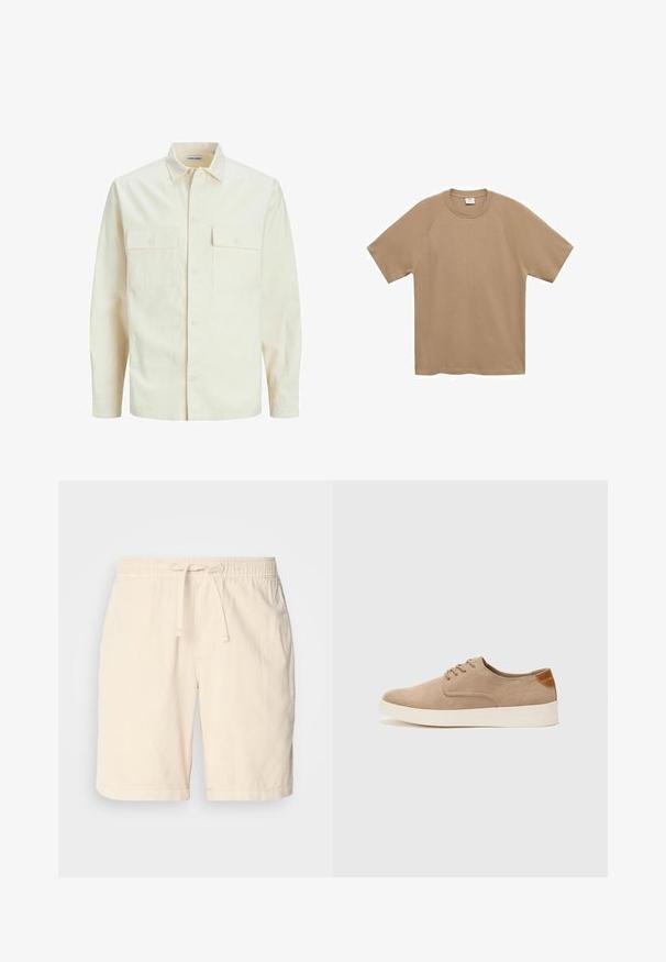 Camicia beige chiaro a maniche lunghe con colletto, due tasche frontali, chiusura a bottoni e un tessuto texturizzato.; Mango T-shirt basic - beige; Pantaloni corti beige in cotone con vita elasticizzata e cordoncino regolabile, dotati di tasche laterali e vestibilità comoda.; Sneaker in suede beige con punta arrotondata, stringhe davanti e un accento testurizzato sul retro. La suola in gomma bianca offre un contrasto. Design semplice e moderno.