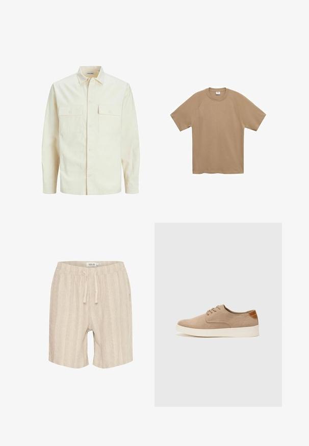 Lys beige langærmet skjorte med krave, to forlommer, knaplukning og et tekstureret stof.; Mango T-shirts basic - beige; Beige bomuldsshorts med lodrette striber, elastisk talje, snøre og sidelommer. Blød tekstur og afslappet design.; Beige ruskinds sneakers med rund tå, snørebånd foran og en struktureret rygdetalje. Hvid gummisål giver kontrast. Enkel og moderne design.