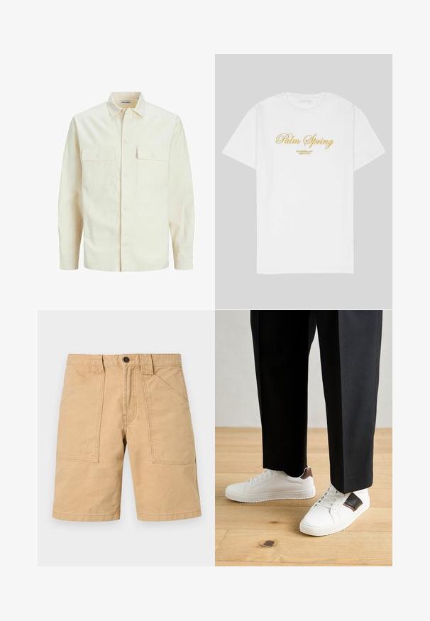 Svetlo béžová košeľa s dlhým rukávom, s golierom, dvoma prednými vreckami, zapínaním na gombíky a textúrovanou látkou.; Biely bavlnený tričko s zlatým textom, ktorý hovorí "Palm Spring" s "California Love Eighty Five" nižšie, voľný strih, s okrúhlym výstrihom.; Khaki šortky vyrobené z bavlny s hrubou textúrou, s dvoma prednými vreckami a gombíkovým zapínaním v páse.; Biele tenisky s hladkým povrchom, s hnedými koženými akcentmi a čiernymi detailmi, spárované s čiernymi elegantnými nohavicami. Pozadím je drevená podlaha.