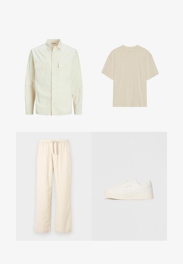 Gai bēšs garām piedurknēm krekls ar apkakles izgriezumu, divām priekšējām kabatām, pogu aizdari un teksturētu audumu.; Kremkrāsas īso piedurkņu t-krekls ar smalku svītrotu tekstūru un apaļu kakla izgriezumu, izgatavots no viegla auduma.; Linenveida platajās biksēs off-white krāsā ir elastīgs jostasvieds ar auklu. Gluda tekstūra un pilna garuma dizains.; Baltas slip-on sporta apavi ar teksturētu virsmu, biezu zoli un minimālistisku dizainu. Sānos redzams zīmola logotips.