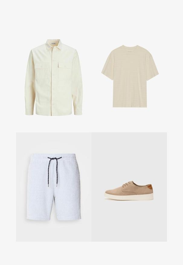 Jasno beżowa koszula z długim rękawem, z kołnierzykiem, dwoma kieszeniami z przodu, zapięciem na guziki i teksturowanym materiałem.; Kremowa, krótko rękawowa koszulka z delikatną teksturą w paski i okrągłym dekoltem, wykonana z lekkiego materiału.; Pasiasty strój kąpielowy w jasnoniebieskim i białym kolorze, z elastycznym pasem w talii, wiązanym granatowym sznurkiem i małymi srebrnymi końcówkami.; Beżowe zamszowe sneakersy z okrągłym noskiem, sznurowanym przodem i teksturowanym akcentem na tyle. Biała gumowa podeszwa tworzy kontrast. Prosty i nowoczesny design.