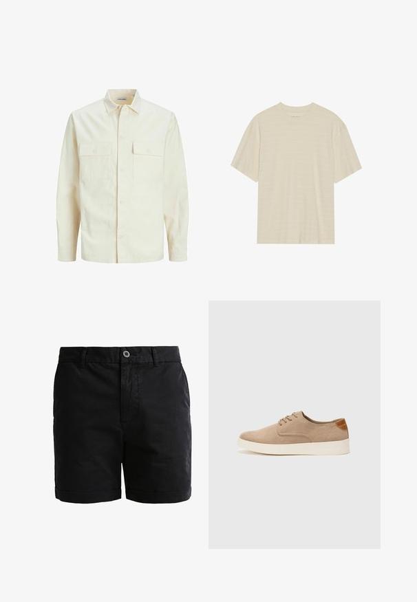 Hellbeige Langarmhemd mit klassischem Kragen, zwei Fronttaschen, Knopfverschluss und strukturiertem Stoff.; Cremfarbener T-Shirt mit kurzen Ärmeln, das über eine subtile gestreifte Textur und einen runden Ausschnitt verfügt, aus leichtem Stoff gefertigt.; Schwarze Baumwollshorts mit glatter Textur, Knopfverschluss und umgeschlagenen Säumen. Verfügt über Gürtelschlaufen und Vorderaschen für praktische Anwendungen.; Beige Wildleder-Sneaker mit runder Zehenpartie, Schnürung und strukturiertem Rückenteil. Die weiße Gummisohle sorgt für einen Kontrast. Einfaches und modernes Design.