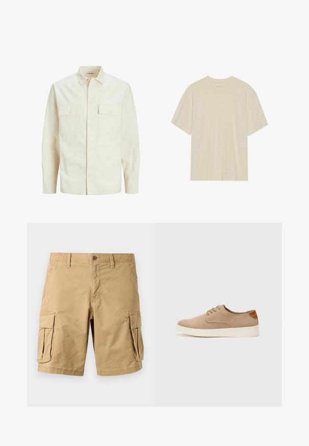 Hellbeige Langarmhemd mit klassischem Kragen, zwei Fronttaschen, Knopfverschluss und strukturiertem Stoff.; Cremfarbener T-Shirt mit kurzen Ärmeln, das über eine subtile gestreifte Textur und einen runden Ausschnitt verfügt, aus leichtem Stoff gefertigt.; Beige Cargo Shorts aus leichtem Baumwollstoff, ausgestattet mit zwei großen Seitentaschen, einem Knopfverschluss und Gürtelschlaufen. Glatte Textur.; Beige Wildleder-Sneaker mit runder Zehenpartie, Schnürung und strukturiertem Rückenteil. Die weiße Gummisohle sorgt für einen Kontrast. Einfaches und modernes Design.