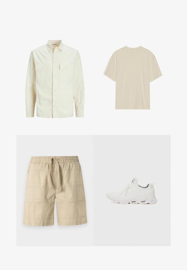 Hellbeige Langarmhemd mit klassischem Kragen, zwei Fronttaschen, Knopfverschluss und strukturiertem Stoff.; Cremfarbener T-Shirt mit kurzen Ärmeln, das über eine subtile gestreifte Textur und einen runden Ausschnitt verfügt, aus leichtem Stoff gefertigt.; Beige Shorts aus leichtem Stoff mit einem elastischen Taillenbund und Kordelzug, ausgestattet mit einem dezenten Karomuster und geradem Schnitt.; Weiße Sportschuhe mit einem strukturierten Strickobermaterial, flachen Schnürsenkeln und einer gepolsterten Sohle mit sichtbaren Luftkammern für zusätzlichen Halt.