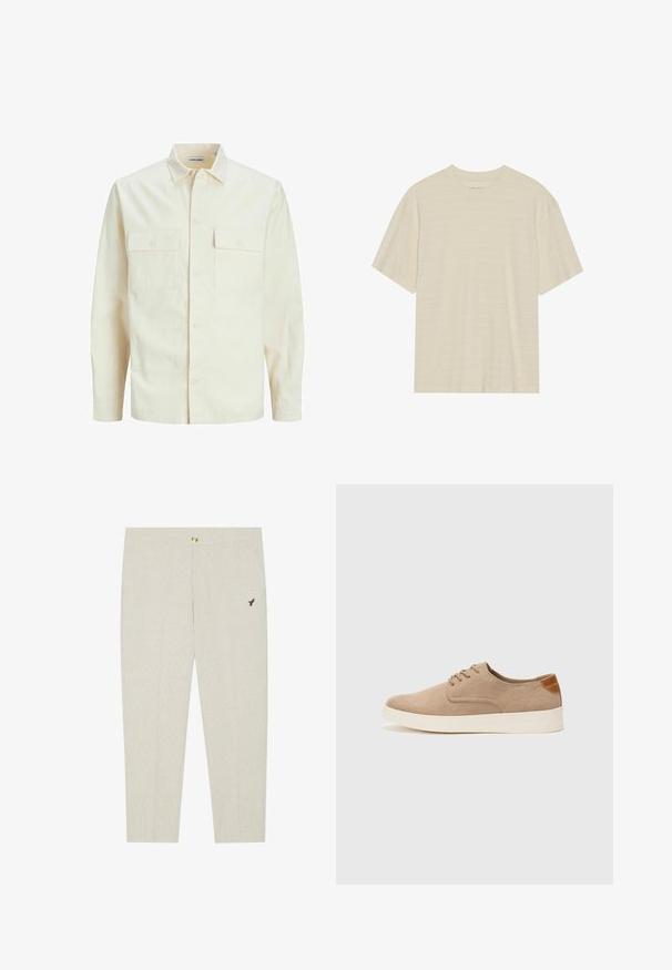 Camisa de manga larga color beige claro con cuello, dos bolsillos frontales, cierre de botones y una tela texturizada.; Camiseta de manga corta color crema con una sutil textura a rayas y cuello redondo, confeccionada en una tela ligera.; Pantalones ajustados de color beige claro con una textura sutil, que presentan un cierre con botón y un emblema oscuro bordado cerca del bolsillo.; Zapatillas de ante beige con puntera redondeada, cordones en la parte delantera y un acento texturizado en la parte trasera. La suela de goma blanca proporciona contraste. Diseño sencillo y moderno.