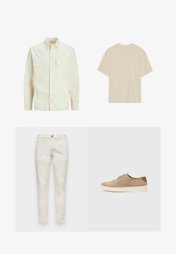 Svetlo bež srajca z dolgimi rokavi, ovratnim izrezom, dvema sprednjima žepoma, zapenjanjem na gumbe in teksturirano tkanino.; T-maica kratkih rukava kremaste barve z diskretnim prugastim vzorcem in okroglim izrezom, izdelana iz lahkotnega blaga.; Bež bombažne hlače s slim fit krojem, ki imajo gumbasto zapiranje, stranske žepke in gladko teksturo. Standardna dolžina z zavitimi robovi.; Bež tkanine usnjene superge z zaobljenim nosom, vezalkami na sprednji strani in teksturiranim zadnjim detajlom. Belo gumijasto podplato zagotavlja kontrast. Enostaven in sodoben dizajn.