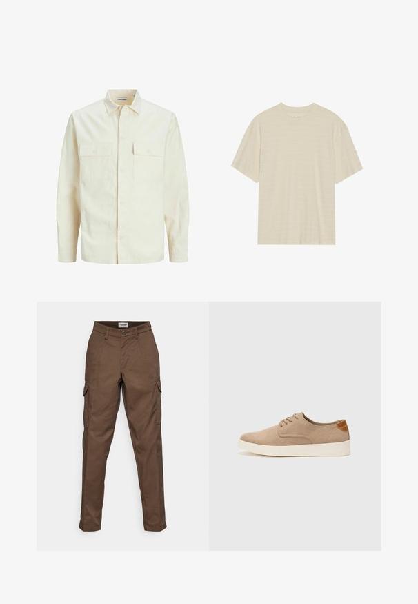 Light beige long-sleeve shirt with a collared neckline, two front pockets, button closure, and a textured fabric.; Cream-colored short-sleeve t-shirt featuring a subtle striped texture and a round neckline, made from lightweight fabric.; Brown cargo pants featuring a flat front, two side pockets, and a single cargo pocket on the left leg. Made of durable fabric with a straight leg design.; Beige suede sneakers with a rounded toe, lace-up front, and a textured back accent. White rubber sole provides contrast. Simple and modern design.
