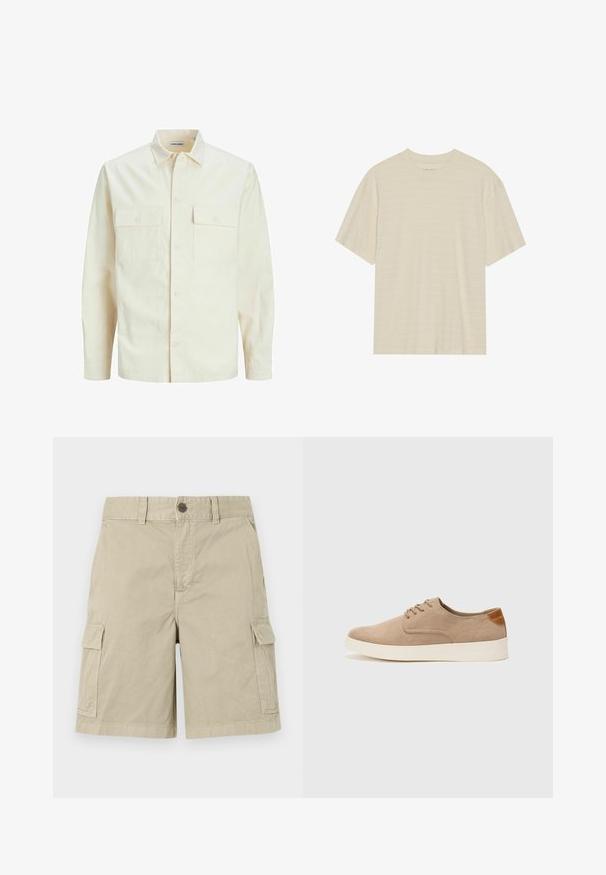 Chemise longue à manches longues beige clair avec un col, deux poches frontales, fermeture à boutons et un tissu texturé.; T-shirt crème à manches courtes avec une texture rayée subtile et un col rond, fabriqué en tissu léger.; Shorts cargo beiges en coton, dotés de poches latérales, d'une fermeture à bouton et d'une coupe droite avec une finition décontractée.; Baskets en daim beige avec un embout arrondi, un laçage sur le devant et un accent texturé à l'arrière. La semelle en caoutchouc blanche offre un contraste. Design simple et moderne.