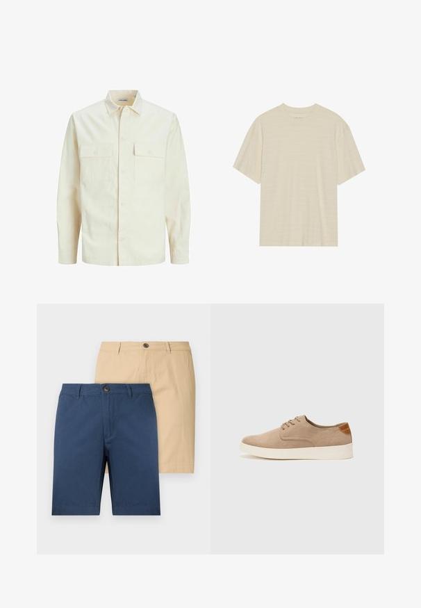 Hellbeige Langarmhemd mit klassischem Kragen, zwei Fronttaschen, Knopfverschluss und strukturiertem Stoff.; Cremfarbener T-Shirt mit kurzen Ärmeln, das über eine subtile gestreifte Textur und einen runden Ausschnitt verfügt, aus leichtem Stoff gefertigt.; Zwei Shorts: eine in Marineblau und eine in Beige. Hergestellt aus weichem Stoff, mit Knopfverschluss und geradem Schnitt.; Beige Wildleder-Sneaker mit runder Zehenpartie, Schnürung und strukturiertem Rückenteil. Die weiße Gummisohle sorgt für einen Kontrast. Einfaches und modernes Design.