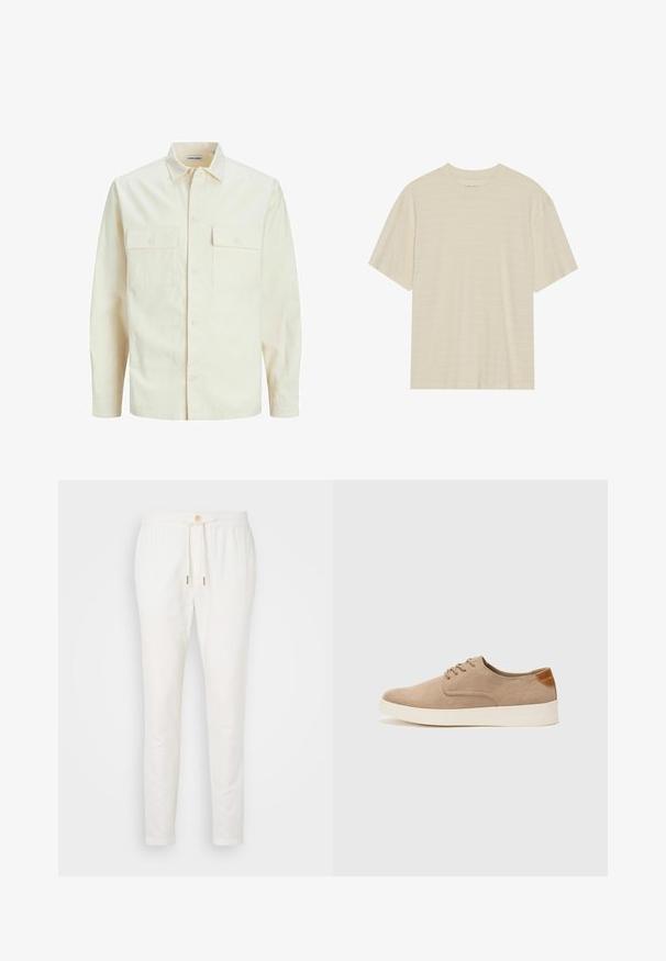 Cămașă lungă cu mâneci lungi de culoare bej deschis, cu guler, două buzunare frontale, închidere cu butoane și un material texturat.; Tricou de culoare crem, cu mânecă scurtă, având o textură subtilă cu dungi și un guler rotund, fabricat dintr-un material ușor.; Pantaloni albi din lenjerie cu talie elastică, închidere cu buton și croială conică. Textură netedă cu detalii minime și fără modele vizibile.; Tenisi din suede bej cu vârf rotund, sistem de șireturi în față și un accent texturat în spate. Talpa albă din cauciuc oferă un contrast. Design simplu și modern.