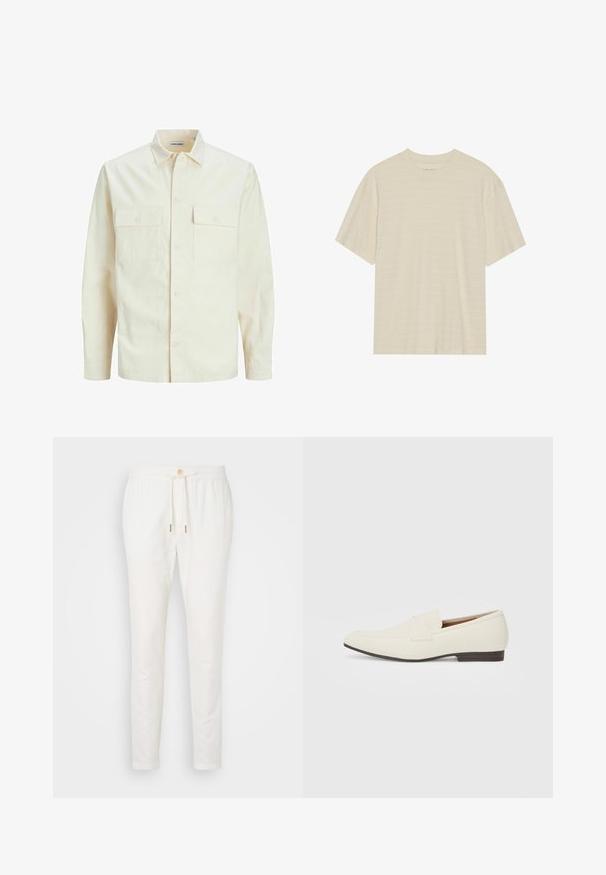 Jasno beżowa koszula z długim rękawem, z kołnierzykiem, dwoma kieszeniami z przodu, zapięciem na guziki i teksturowanym materiałem.; Kremowa, krótko rękawowa koszulka z delikatną teksturą w paski i okrągłym dekoltem, wykonana z lekkiego materiału.; Białe lniane spodnie z elastycznym paskiem w pasie, zapięciem na guzik i zwężanym krojem. Gładka faktura z minimalnymi detalami i bez widocznych wzorów.; Jasne beżowe mokasyny z wąskim noskiem, gładkim materiałem, paskiem na wierzchu stopy oraz niską brązową podeszwą. Prosty design z minimalnymi akcentami.
