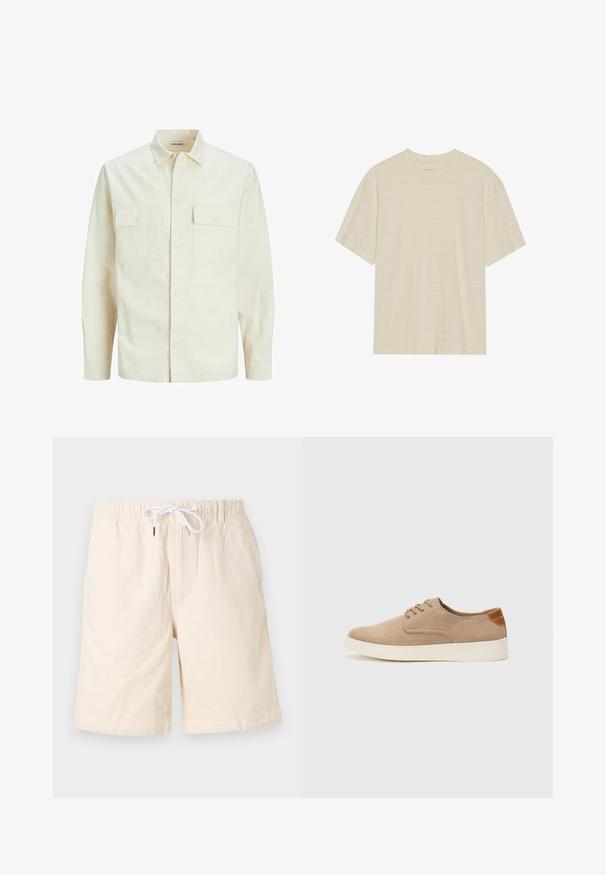 Kergedbež pika-särk pikkade varrukatega, krae ja kahe eespool asuva taskuga, nööpidega kinnitamine ja reljeefne materjal.; Kreemi tooni lühikese varrukaga T-särk, mis sisaldab õrna triibulist tekstuuri ja ümardatud kaelust, valmistatud kergest kangast.; Beige puuvillased lühikesed püksid, lõdva lõikega, elastse vöökohaga ja valge paelaga. Omab küljetaskuid ja siledat tekstuuri.; Beežid nahast tossud ümarate varvastega, paeltega esiosa ja tekstuuriga tagakontuuriga. Valge kummist tallapakkumine loob kontrasti. Lihtne ja kaasaegne disain.