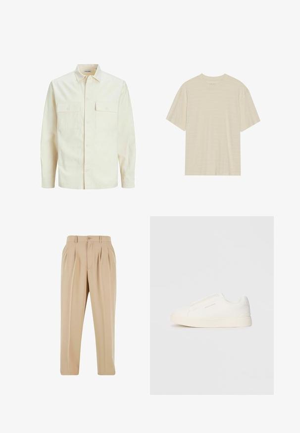 Gai bēšs garām piedurknēm krekls ar apkakles izgriezumu, divām priekšējām kabatām, pogu aizdari un teksturētu audumu.; Kremkrāsas īso piedurkņu t-krekls ar smalku svītrotu tekstūru un apaļu kakla izgriezumu, izgatavots no viegla auduma.; Beige pleitēti bikses ar taisniem diegiem, izgatavotas no gludas auduma, ar pogu aizdari un jostas cilpām jostasvietā.; Baltas slip-on sporta apavi ar teksturētu virsmu, biezu zoli un minimālistisku dizainu. Sānos redzams zīmola logotips.