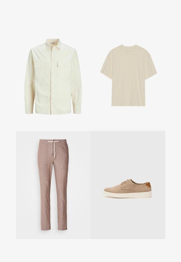Chemise longue à manches longues beige clair avec un col, deux poches frontales, fermeture à boutons et un tissu texturé.; T-shirt crème à manches courtes avec une texture rayée subtile et un col rond, fabriqué en tissu léger.; Pantalons en lin marron clair avec taille à cordon, coupe droite et surface légèrement texturée. Pas de poches supplémentaires ni de décorations.; Baskets en daim beige avec un embout arrondi, un laçage sur le devant et un accent texturé à l'arrière. La semelle en caoutchouc blanche offre un contraste. Design simple et moderne.