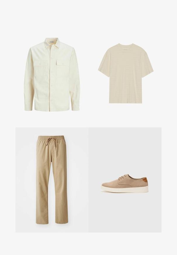 Jasno beżowa koszula z długim rękawem, z kołnierzykiem, dwoma kieszeniami z przodu, zapięciem na guziki i teksturowanym materiałem.; Kremowa, krótko rękawowa koszulka z delikatną teksturą w paski i okrągłym dekoltem, wykonana z lekkiego materiału.; Jasno beżowe spodnie z elastycznym paskiem w talii i sznurkiem do ściągania. Wykonane z miękkiego materiału, mają proste nogawki i gładką fakturę.; Beżowe zamszowe sneakersy z okrągłym noskiem, sznurowanym przodem i teksturowanym akcentem na tyle. Biała gumowa podeszwa tworzy kontrast. Prosty i nowoczesny design.