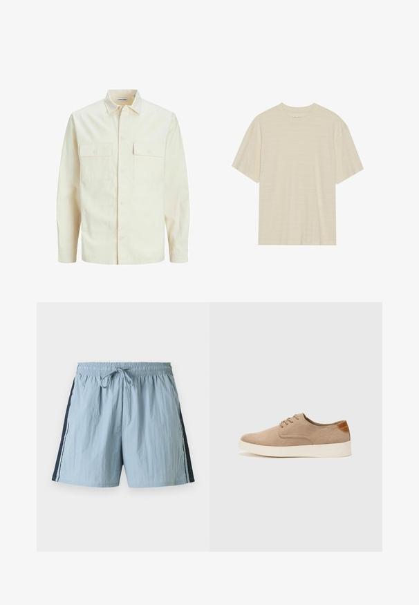 Hellbeige Langarmhemd mit klassischem Kragen, zwei Fronttaschen, Knopfverschluss und strukturiertem Stoff.; Cremfarbener T-Shirt mit kurzen Ärmeln, das über eine subtile gestreifte Textur und einen runden Ausschnitt verfügt, aus leichtem Stoff gefertigt.; Helle blaue Schwimmshorts mit elastischem Bund und Kordelzug. Verfügt über marineblaue seitliche Einsätze und weißen Besatz an den Seiten. Leichtes Material.; Beige Wildleder-Sneaker mit runder Zehenpartie, Schnürung und strukturiertem Rückenteil. Die weiße Gummisohle sorgt für einen Kontrast. Einfaches und modernes Design.