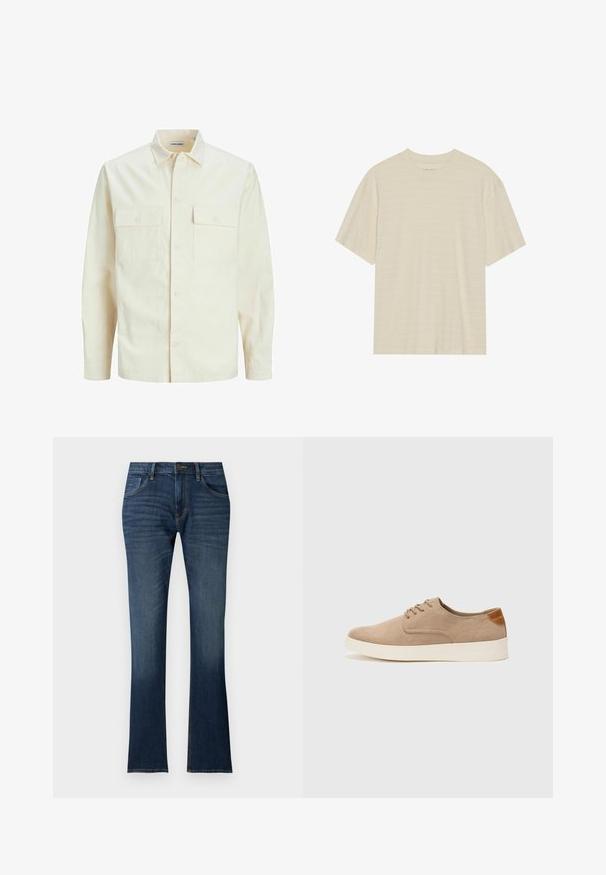Svijetlo bež košulja dugih rukava s ovratnikom, dva prednja džepa, zatvaranje na dugmad i teksturirani materijal.; Majica kratkih rukava krem boje s blagom prugastom teksturom i okruglim izrezom, izrađena od lagane tkanine.; Tamno plave traperice s laganim izrezom na dnu, strukturiranim pojasom, pet džepova i suptilnim izblijedjenjem u blizini rubova.; Bež nubuk tenisice s okruglim vrhom, vezanjem sprijeda i teksturiranim stražnjim naglaskom. Bijela gumena potpetica pruža kontrast. Jednostavan i moderan dizajn.